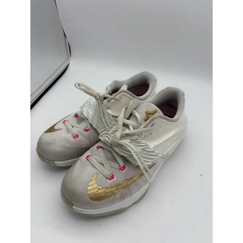 Nike KD 7 Aunt Pearl Shoes Boys Size‎ 5Y White Gold Pink Basketball 745407-176